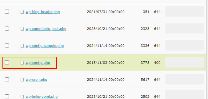 画面中段部分に「wp-config.php」というphp.ファイルがあるのでクリックします。