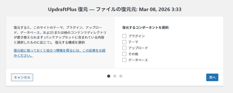 画面右側の復元するコンポーネントの必要な項目にチェックを入れます。